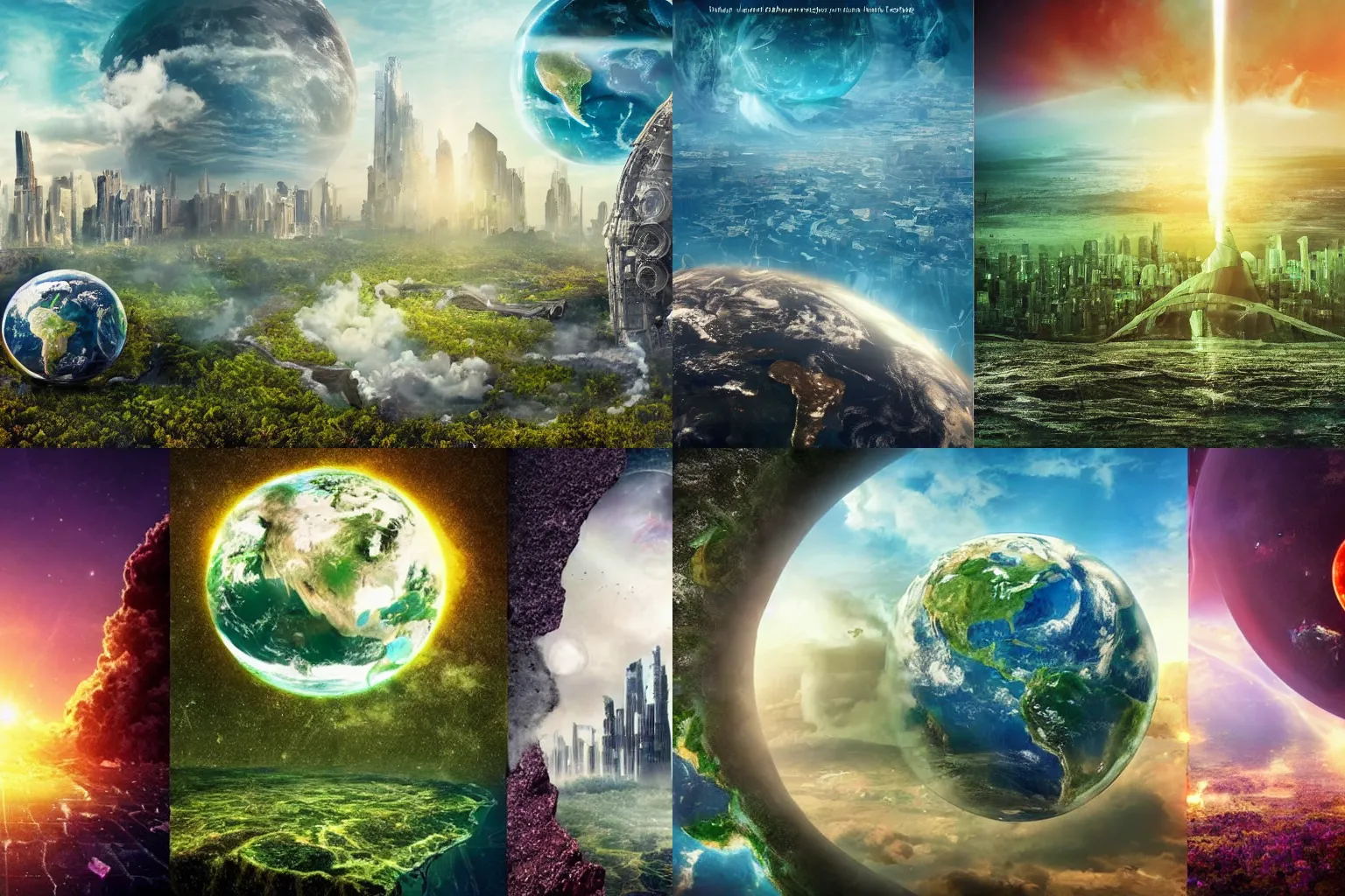 Prompt: two earths side by side, one where pollution has destroyed the planet, ruin despair apocalypse, and the other a futuristic utopia, abundance, life, beauty, poster for movie, 3 d animation