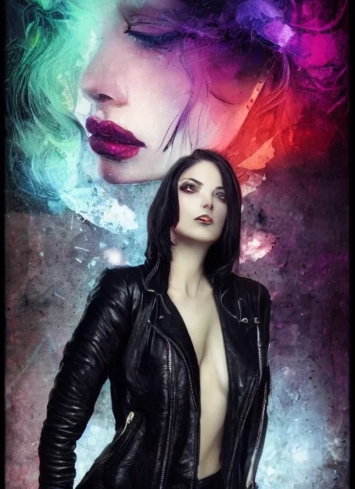 Image similar to a photo of 8 k ultra realistic a black haired female in high heels and a black leather jacket, multicolour neon, art by lise deharme