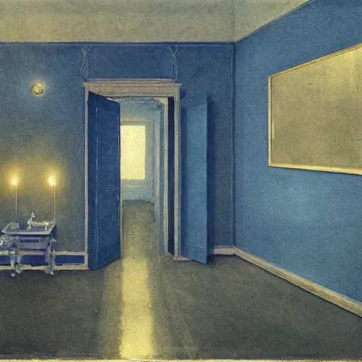 Prompt: close up of a chimera in a blue and gold haunted liminal abandoned room, watercolor by victo ngai, by hammershøi, art noveau, highly detailed, lights by edward hopper, liminal, eerie, bright pastel colors