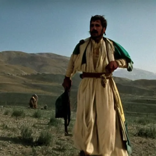 Prompt: Kurdish Kurdish shepherd wearing Kurdish Kurdish clothes in a movie directed by Christopher Nolan, movie still frame, promotional image, imax 70 mm footage