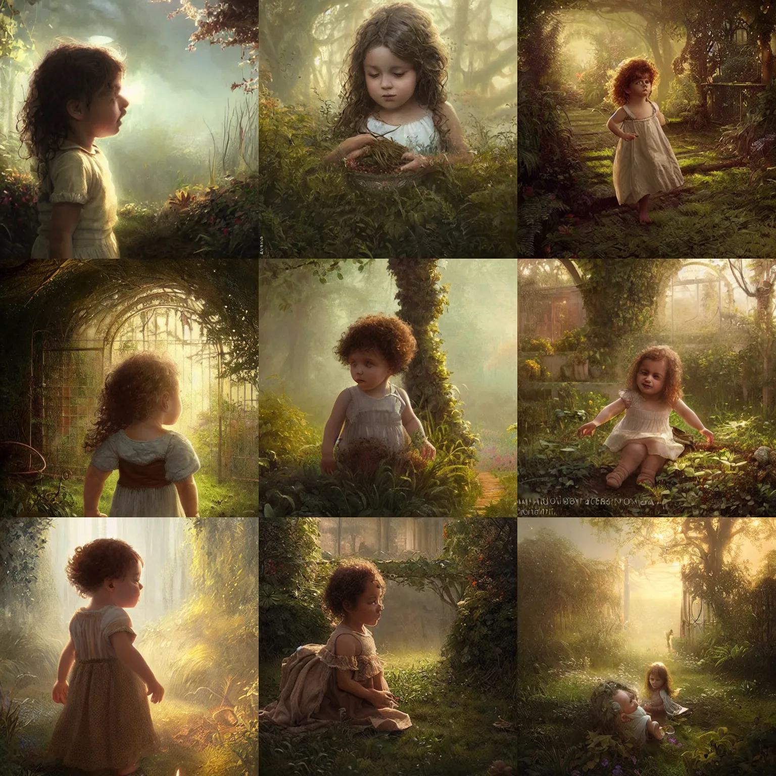 Prompt: 1 year old girl with light brown curly hair and big brown eyes. garden eden. warm atmospheric lighting. matte painting by greg rutkowski.