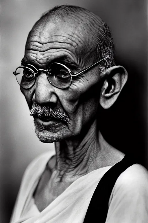 Prompt: 5 mm f 8 full body portrait photography of a person that looks like a mix of claudia black + mahatma gandhi, future apocalypse setting, by yousuf karsh