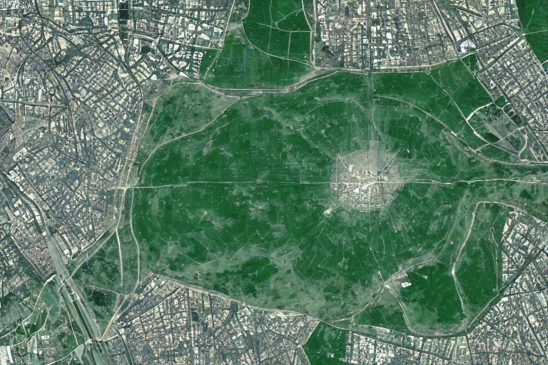 Prompt: satellite image of a large Soviet city with a large square green park in the middle