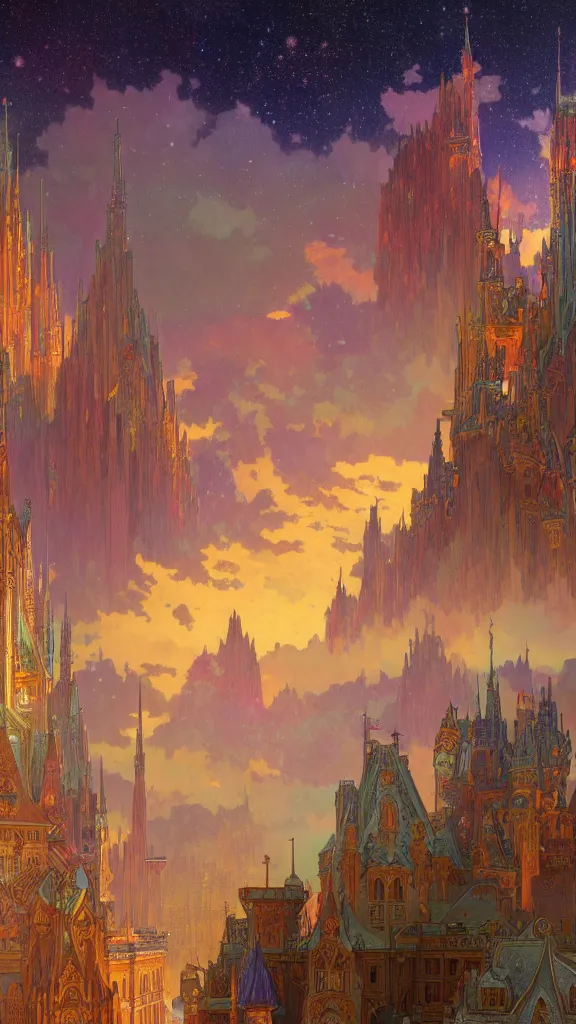 Image similar to a beautiful highly detailed matte painting of colorful castle nebulas by moebius, alphonse mucha, stars in the background, highly detailed, intricate design, 8 k resolution, octane render, trending on artstation and cgsociety