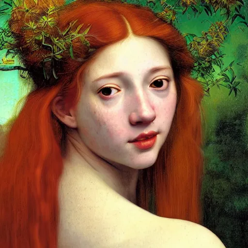 Prompt: portrait of a happy young woman, among the lights of golden fireflies and nature, long loose red hair, intricate details, green eyes, hint of freckles, round gentle face, gorgeous dress, deep focus, smooth, sharp, golden ratio, hyper realistic digital art by artemisia lomi gentileschi and leonardo da vinci and artgerm