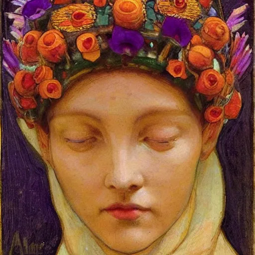 Prompt: the bee crown, by Annie Swynnerton and Nicholas Roerich, elaborate costume, flowers, rich color, dramatic cinematic lighting, smooth, sharp focus, extremely detailed