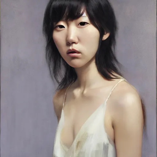 Prompt: portrait of a beautiful korean girl with long hair and bangs wearing a tuxedo an angry expression, oil on canvas, elegant pose, masterpiece, Jonathan Yeo painting