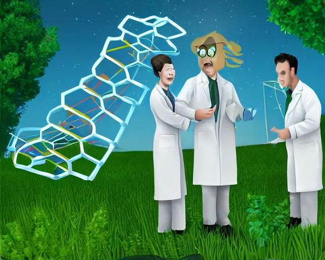 Image similar to in a field, two scientists in lab coats encounter a monster shaped like the DNA double helix, digital art