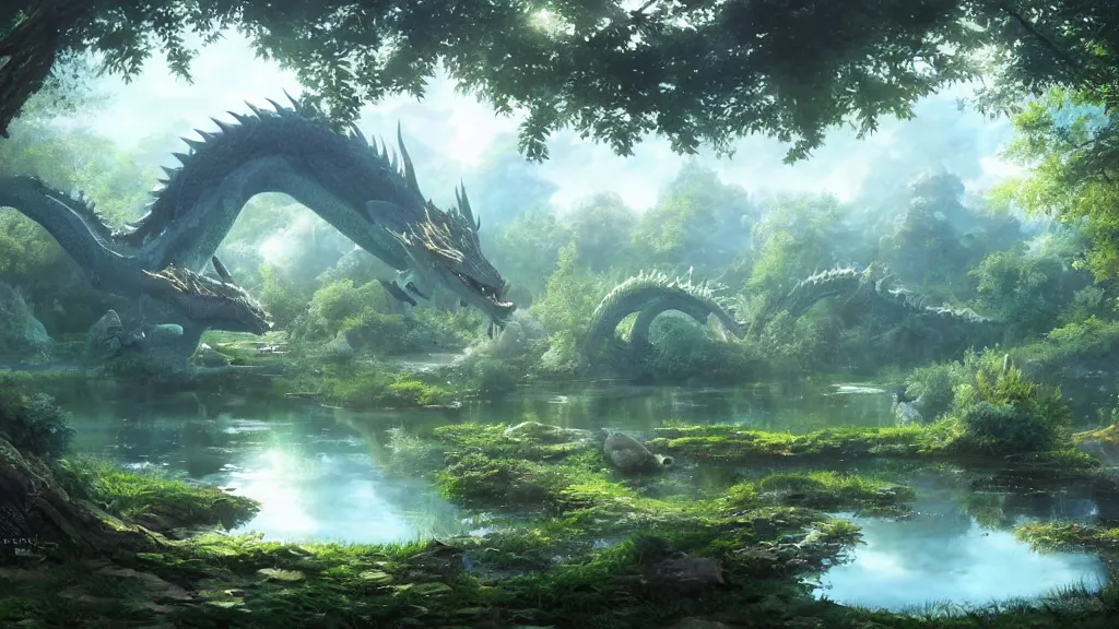 Prompt: a ultradetailed beautiful matte painting of a peaceful pond with a clear water where a majestic ancient dragon with intricate green scale is peacefully sleeping, dynamic lighting, cinematic lighting, lit by morning light, by krenz cushart and artgerm, anime