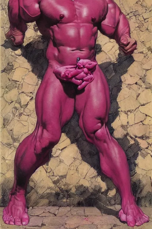 Prompt: full body portrait of morgan aste as huge pink hulk wearing trousers, simple background, painted by jack kirby, lawrence alma tadema, norman rockwell, greg staples, wayne barlow, jacob collins, tom lovell, frank schoonover, neville page