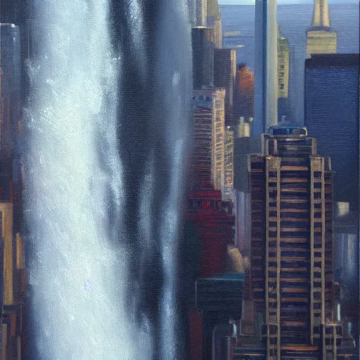 Image similar to an hyper - realist oil painting of waterfalls from the empire state building's windows, from below, wide angle, water falling from the windows, new york background, detailled, sharp focus, realistic, trending on artstation, cg society, 8 k, unreal