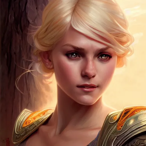 Image similar to an epic fantasy comic book style portrait painting of a young blonde girl thief, d & d, fantasy, joyful smirk, intricate, elegant, digital painting, artstation, concept art, matte, sharp focus, illustration, art by artgerm and greg rutkowski and alphonse mucha