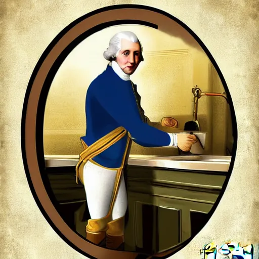 Prompt: george washington washing his clothes next door washing machine digital painting art