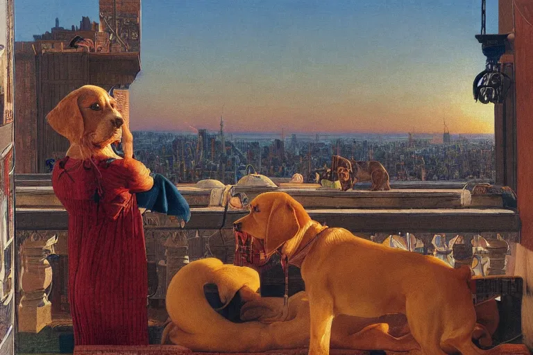 Image similar to painting of a dog, in a rooftop, watching new york, beautiful, sunset, romantic, by ludwig deutsch and maxfield parrish, patterned tilework, extremely detailed, cinematic lighting, smooth sharp focus