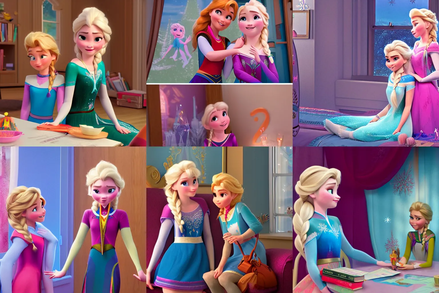 Prompt: Anna and Elsa hanging out at home, Disney Comfy Princess, Wreck-It Ralph 2, promotional art, concept art