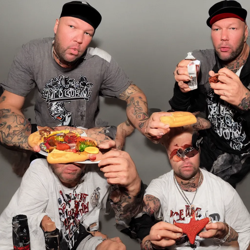 Prompt: Fred Durst eating a chocolate starfish and drinking hotdog flavoured water