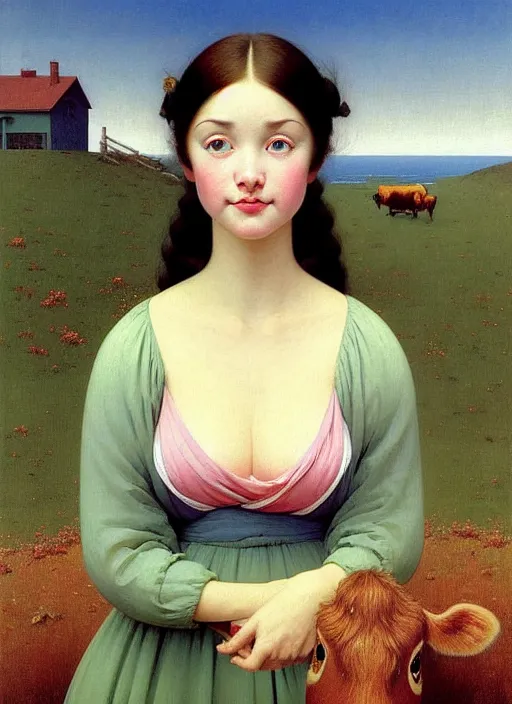 Image similar to hyper detailed 3 d render like a oil painting - cute portrait of a brunette called emma, italian looks, looking at camera, symmetrical face, long brunette hair, with a smiling cow looking over her shoulder by ryden, kawase hasui, dorothea tanning, edward hopper and james gilleard, aivazovsky, beksinski, outram, artstation