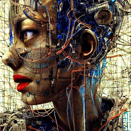 Prompt: human 3 d by pantokrator, beautiful sexy woman head made of mech mask rendered in unreal engine, nanotechnology, cyberpunk, dark, scifi, cooper wires and cyberntic vessels coming from core processor, contrast, painted by david burliuk | bernard buffet | carne griffiths | stanislaw lem