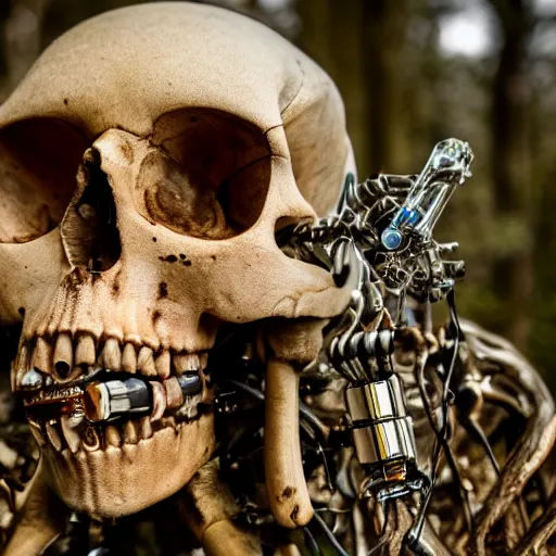 Image similar to very detailed portrait 55mm photo of a mechanical skeleton with crystal innards and optic fiber nerves, gears in his head and cybernetic enhancements in it's skull. In the forest with bokeh.