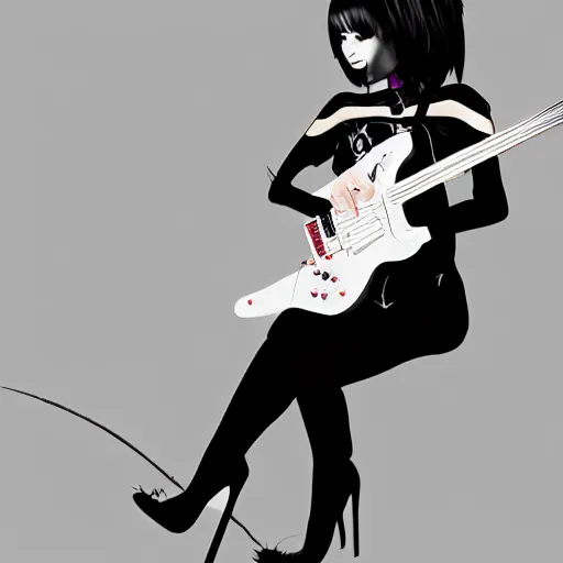 Image similar to beautiful goth girl with short black hair playing an electric guitar sitting on a chair, 8k, super detailed, extremly detailed face, sharp, drawing, illustration