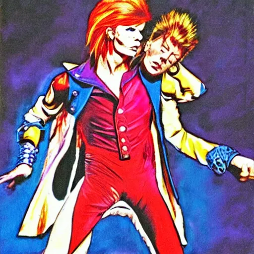 Prompt: david bowie giving a piggy back ride to ziggy stardust. glam rock. cosmic. will eisner.