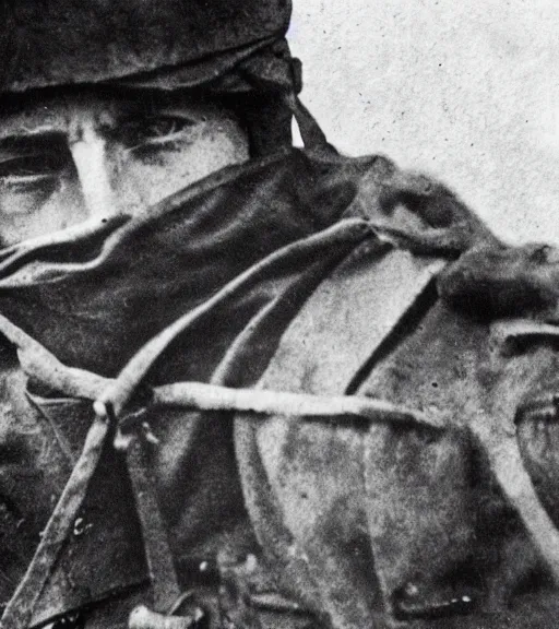 Image similar to a soldier wearing a cloth over face and head in distance, ww1 film photo, grainy, high detail, high resolution