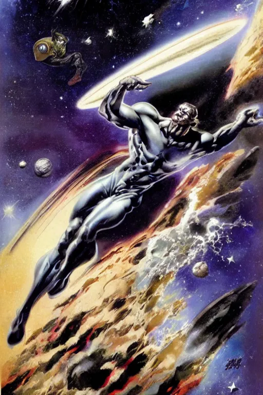 Image similar to Silver Surfer flying through space, by Frank Frazetta