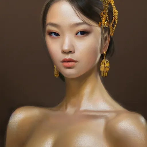 Image similar to hyper realism portrait of Princess by Zhong, Fenghua Klimt, Gustav, stunning, detailing, artstation trending, perfect lighting, golden hour, face detailing