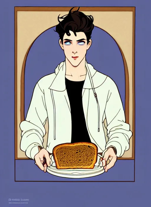 Image similar to well - lit art nouveau portrait of a young man with short black hair, very light blue eyes, pale skin, serious expression, jeans, black hoodie, eating a slice of plain wholegrain bread, natural lighting, path traced, highly detailed, high quality, cartoon, digital painting, by don bluth and ross tran and studio ghibli and alphonse mucha