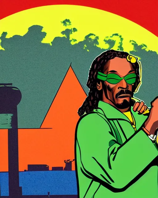 Image similar to pop art, snoop Dogg dressed as a green Superman with a marijuana logo, Long Beach background, sunset