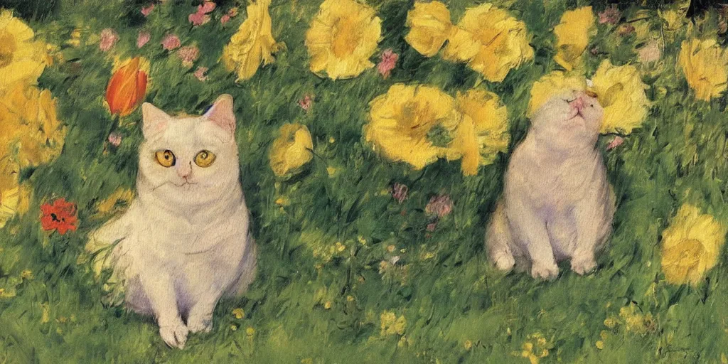 Prompt: vintage beautiful painting of a fat yellow cat in a flower garden in mary cassatt style
