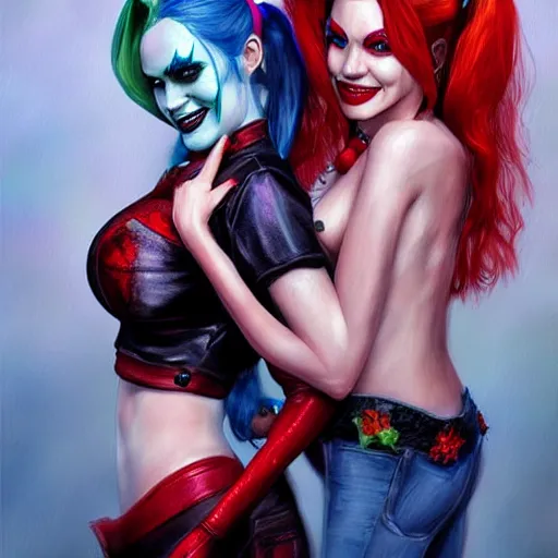 Image similar to harley quinn and poison ivy romance, hyper detailed masterpiece, digital art painting, realism aesthetic