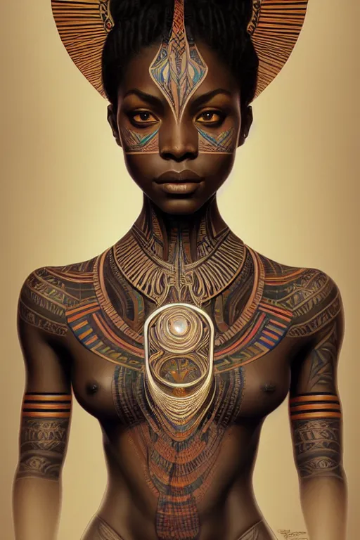 Image similar to symmetrical body portrait of beautiful nubian tribal tattooed young woman, intricate, elegant, highly detailed, digital painting, artstation, concept art, smooth, sharp focus, illustration, art by artgerm and greg rutkowski and alphonse mucha, 8 k