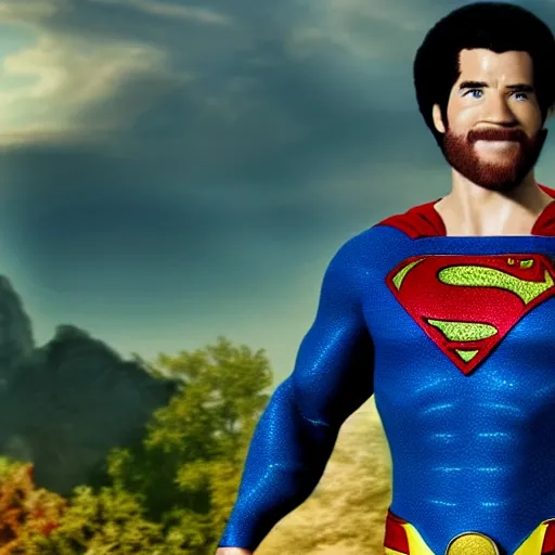 Image similar to a still of bob ross as superman, cinematic lighting. 4 k.