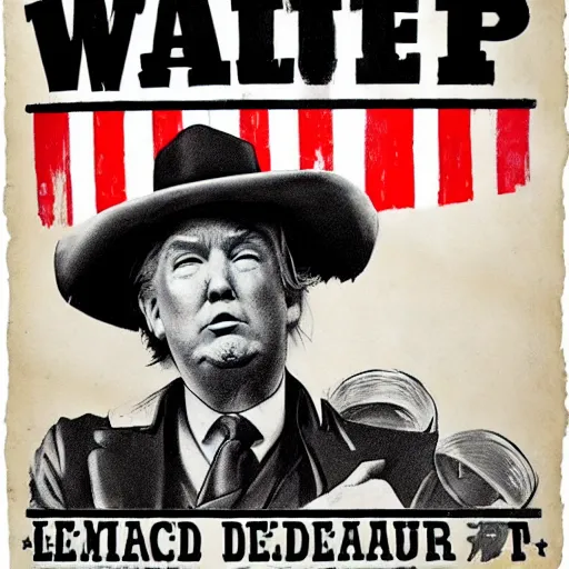 Image similar to Donald Trump on a wild wild West wanted poster with a 10 gallon hat caring to LeMat revolver