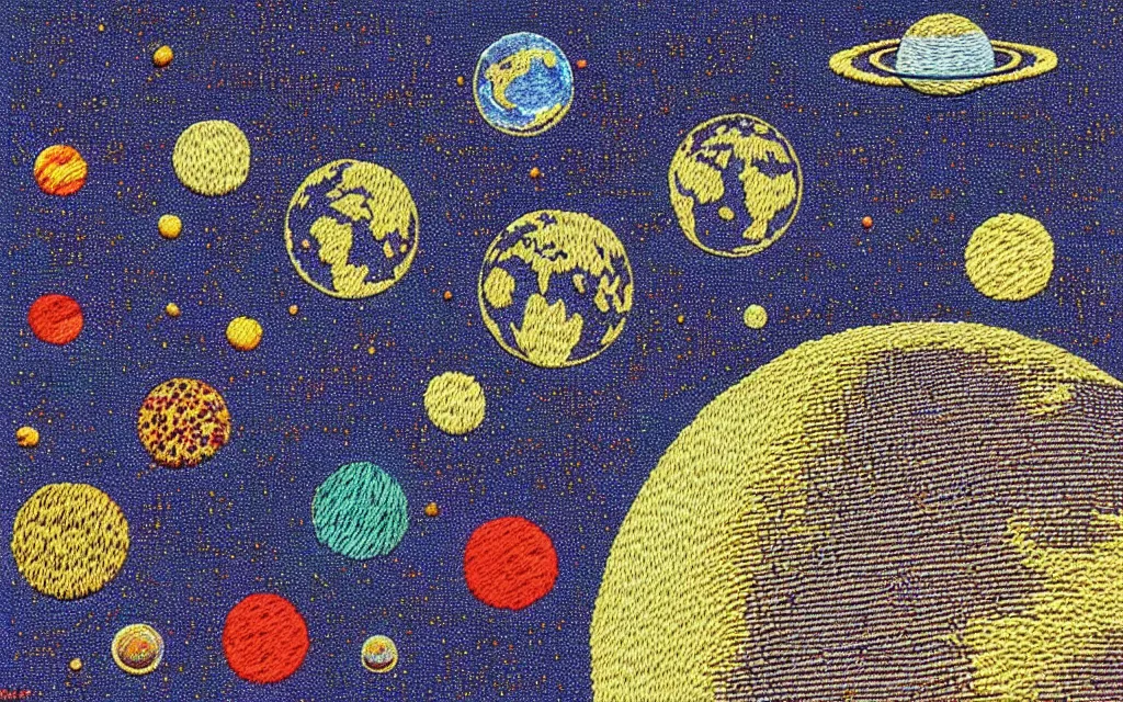 Prompt: planet earth seen from very very far away with the empty cosmic landscape on the background. Retro modern art by jean giraud. embroidery.