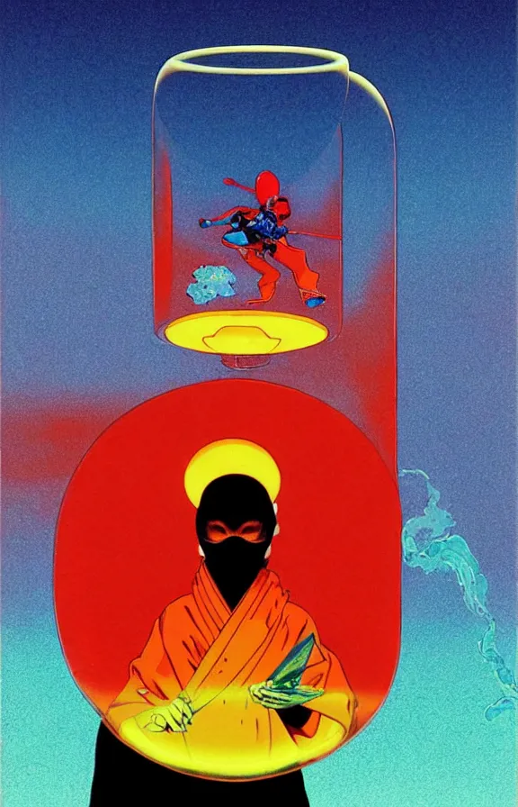 Prompt: an transparent glass portrait of a ninja holding a colorful blotter paper of lsd acid and dreaming psychedelic hallucinations in the vast icy landscape of antarctica, by soul bass, kawase hasui, moebius and edward hopper, colorful flat surreal design, xray hd, 8 k, artstation