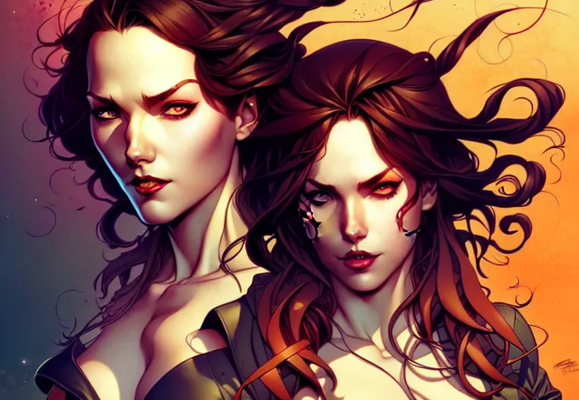 Image similar to artgerm, joshua middleton comic cover art, pretty pirate ryan ashley smiling, full body, symmetrical eyes, symmetrical face, long curly black hair, on a pirate ship background, warm colors