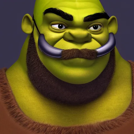 Image similar to Muscular Shrek with a handlebar mustache, goggles, a biker hat, and wearing a sleeveless ripped black leather jacket, portrait, digital art, trending on artstation, very detailed, highly detailed, HD quality, 8k resolution