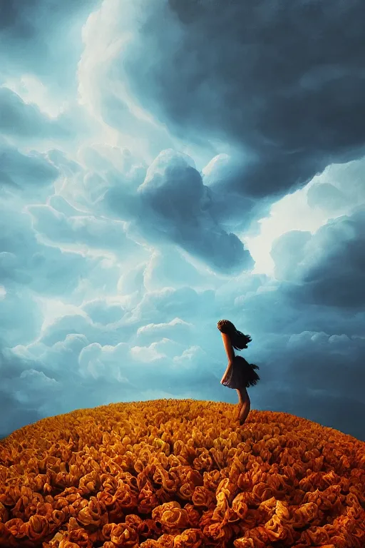 Image similar to closeup perspective, giant dahlia flower as head, girl standing on mountain, surreal photography, blue storm clouds, dramatic light, impressionist painting, digital painting, artstation, simon stalenhag