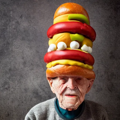 Image similar to an elderly man wearing a mask made from a hotdog, bold natural colors, national geographic photography, masterpiece, 8 k, raw, unedited, symmetrical balance