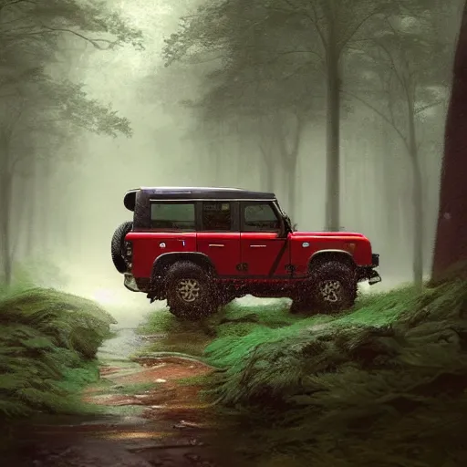 Image similar to a landrover crossing a forest path while its raining, digital art, artstation, photgraphy, highly detailed, digital painting, artstation, concept art, sharp focus, illustration, art by greg rutkowski and artgerm