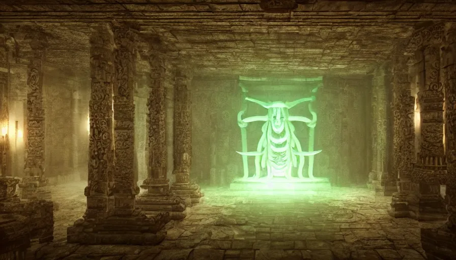 Prompt: cinematic film still, inside an huge ancient temple, Cthulhu, ancient, green ambient light, light mist, lovecraftian 4k C 10.0