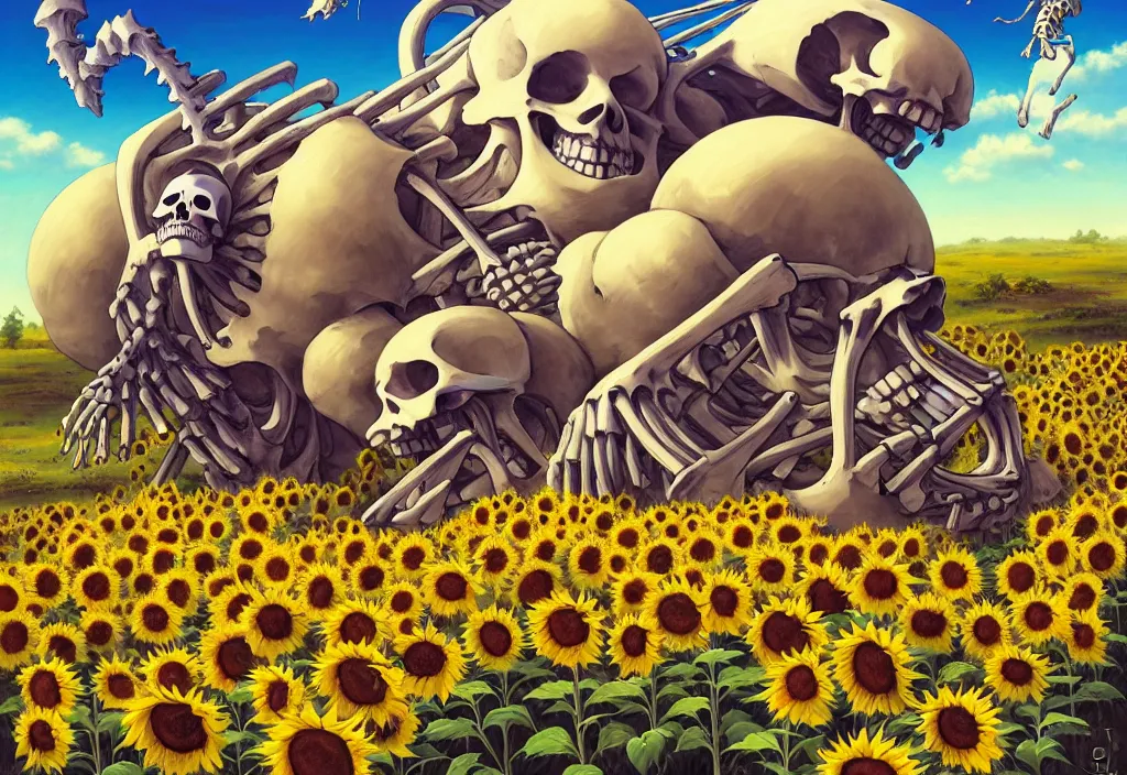 Prompt: chubby giant monster bones and skeletons in the countryside with sunflower in the foreground, intricate oil painting, high detail illustration, sharp high detail, manga and anime 1 9 9 9, official fanart behance hd artstation by jesper ejsing and makoto shinkai, 4 k,