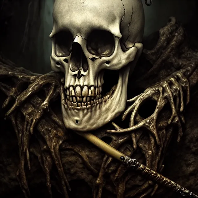 Prompt: photo of a skeletal waterlogged ghostly pirate head and torso, holding a sword and standing in a grotto, photorealistic, dark, lovecraft, paul carrick, atmospheric lighting, painted, intricate, ultra detailed, well composed, best on artstation, cgsociety, epic, stunning, gorgeous, intricate detail, wow, masterpiece