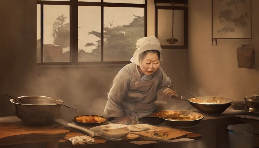 Prompt: old japanese lady cooking, old 1 8 0 0's kitchen, pan and plates, hyperdetailed, artstation, cgsociety, 8 k