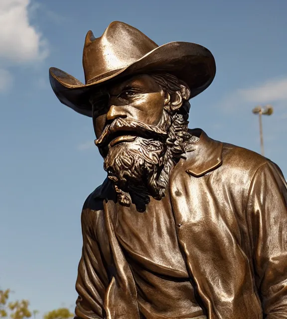 Prompt: a 4 k photorealistic photo medium shot of a bronze statue of a man with a beard wearing a cowboy hate.