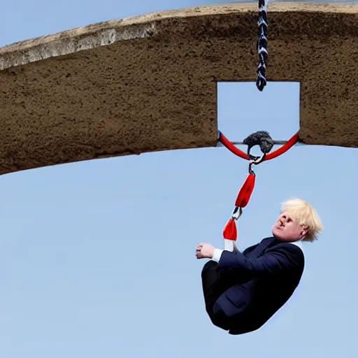 Prompt: Boris Johnson dangling from a rope from the sky