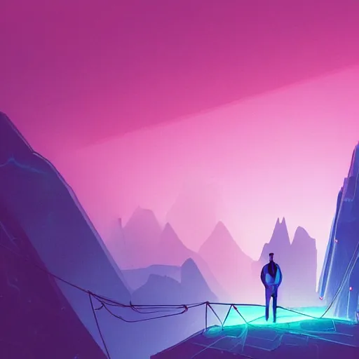 Prompt: comic book art of a [ man ] in trenchcoat with ( glowing ) crossing a [ old ] [ rope ] bridge in a [ jungle ] looking up at a [ mountain ] made of crystalized pink rock, a [ glowing tower ] extends into the sky, low angle, artstation illustration, elegant, cyberpunk, volumetric fog, arcane by tim doyle