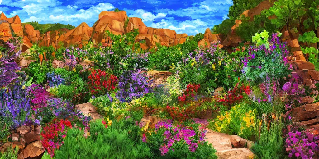 Prompt: backyard garden, in the valley of the wind. Digital art, big scale. Canyons